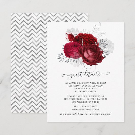 Rode en Zilveren Bloemen Bruiloft Gast Details Informatiekaartje (Voorkant / Achterkant)