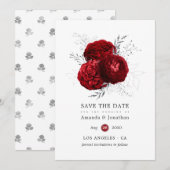 Rode en zilveren bloemen bruiloft save the date (Voorkant / Achterkant)