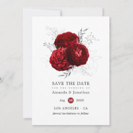 Rode en zilveren bloemen bruiloft save the date