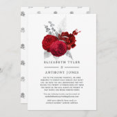 Rode en Zilveren Bloemenbruiloft Verminderde Gaste Aankondiging (Voorkant / Achterkant)