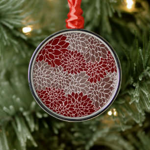 Rode en zilveren dahlia's metalen ornament
