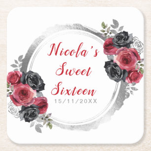 Rode en zilveren elegante bloemen Sweet Sixteen Kartonnen Onderzetters