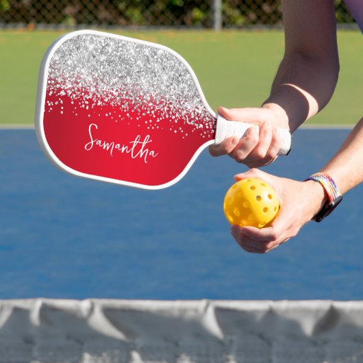 Rode en zilveren glinsterende glamour script naam pickleball paddle (Insitu)