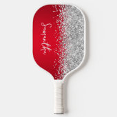 Rode en zilveren glinsterende glamour script naam pickleball paddle (Voorkant)