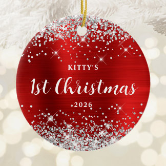 Rode en zilveren glitters 1e kerst katje foto keramisch ornament