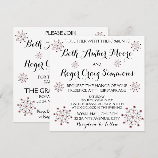 Rode en Zilveren Sneeuwvlok Huwelijksuitnodiging Kaart (Voorkant / Achterkant)