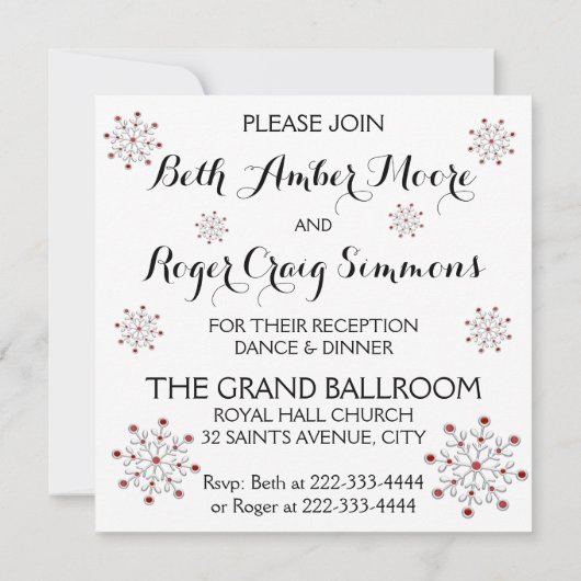 Rode en Zilveren Sneeuwvlok Huwelijksuitnodiging Kaart (Achterkant)