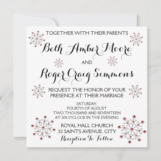 Rode en Zilveren Sneeuwvlok Huwelijksuitnodiging Kaart (Voorkant)