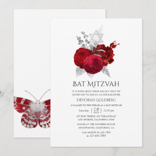 Rode en zilveren vintage roos Bat Mitzvah Kaart