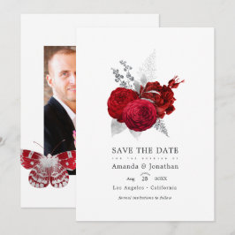 Rode en zilveren vintage roos huwelijksfoto save the date