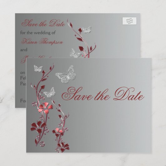 Rode en zilveren vlinders Save the Date Briefkaart (Voorkant / Achterkant)