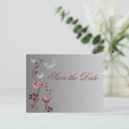 Rode en zilveren vlinders Save the Date Briefkaart (Staand voorkant)