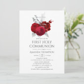 Rode en Zilverige  Roos Heilige Communie Kaart (Staand voorkant)