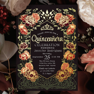 Rode en Zwarte Betoverde Tuin Bloemige Quinceanera Folie Uitnodiging