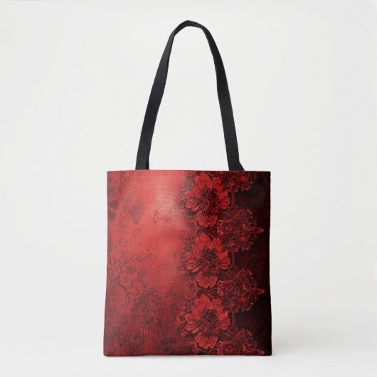 Rode en zwarte bloem kant look tote bag (Voorkant)
