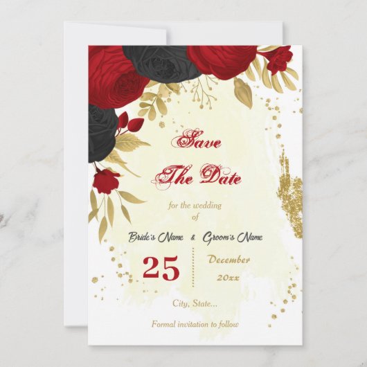 rode en zwarte bloemen goud botanisch save the date (Voorkant)