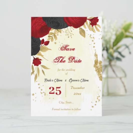 rode en zwarte bloemen goud botanisch save the date (Staand voorkant)