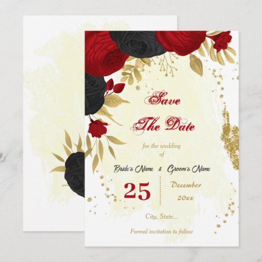 rode en zwarte bloemen goud botanisch save the date (Voorkant / Achterkant)