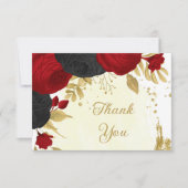rode en zwarte bloemen gouden botanische bruiloft bedankkaart (Voorkant)