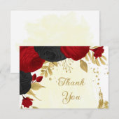 rode en zwarte bloemen gouden botanische bruiloft bedankkaart (Voorkant / Achterkant)