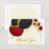 rode en zwarte bloemen gouden botanische bruiloft bedankkaart (Voorkant / Achterkant)