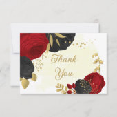 rode en zwarte bloemen gouden botanische bruiloft  bedankkaart (Voorkant)