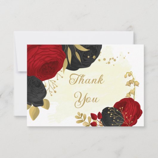 rode en zwarte bloemen gouden botanische bruiloft  bedankkaart (Voorkant)