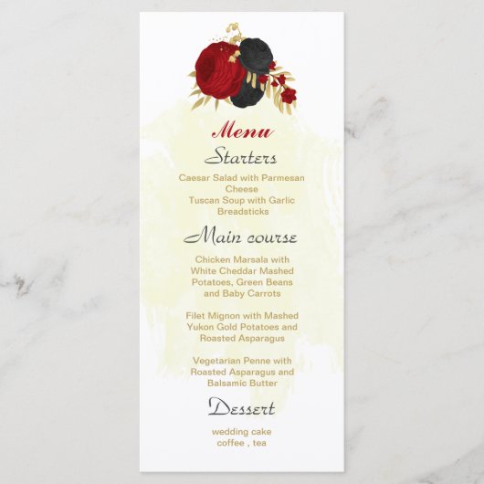 rode en zwarte bloemen gouden botanische bruiloft menu (Voorkant)