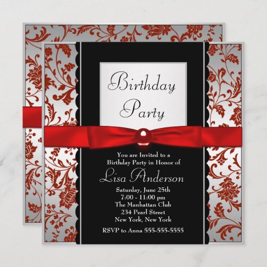 Rode en zwarte boog Stropdas Damask verjaardagsfee Kaart (Voorkant / Achterkant)