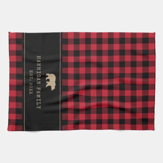 Rode en zwarte Buffalo Plaid aangepaste familienaa Theedoek (Horizontaal)