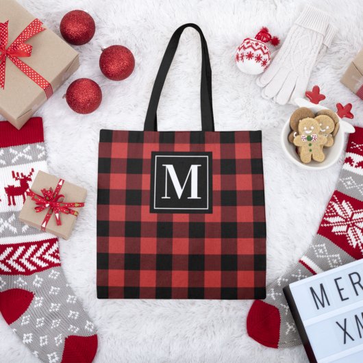 Rode en Zwarte Buffalo Plaid Aangepaste Monogram Tote Bag