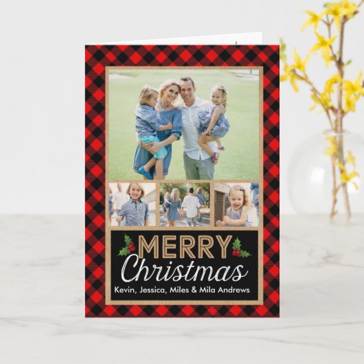 Rode en zwarte Buffalo Plaid Check Kerstmis Kaart (Gele Bloem)