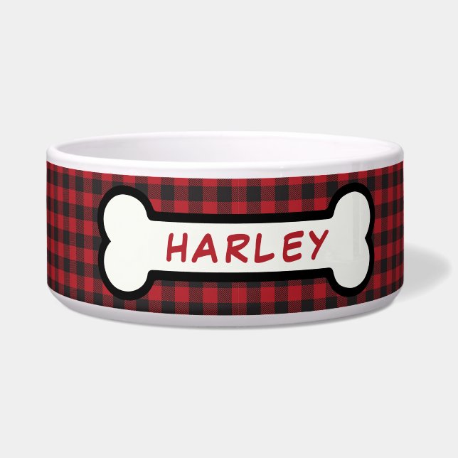 Rode en zwarte Buffalo Plaid Dog Bone Monogrammed Voerbakje (Voorkant)