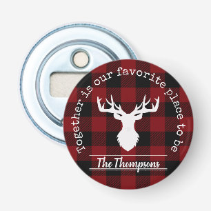 Rode en Zwarte Buffalo Plaid Herten Familie Naam Button Flesopener