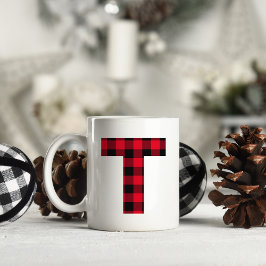 Rode en Zwarte Buffalo Plaid Krachtige Letter T Mo Koffiemok