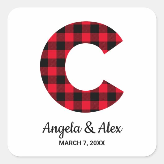 Rode en Zwarte Buffalo Plaid Monogram C Vierkante Sticker (Voorkant)
