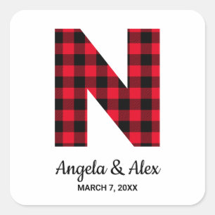 Rode en Zwarte Buffalo Plaid Monogram N Vierkante Sticker