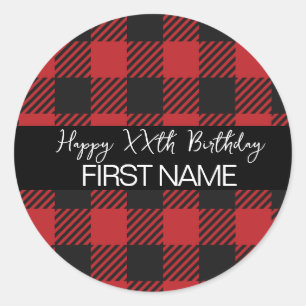 Rode en zwarte Buffalo Plaid Rustieke Verjaardagsf Ronde Sticker
