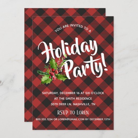 Rode en Zwarte Buffalo Plaid Vakantie Uitnodiging (Voorkant / Achterkant)