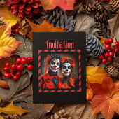 Rode en zwarte Caricatuur Dia de los Muertos koppe Kaart