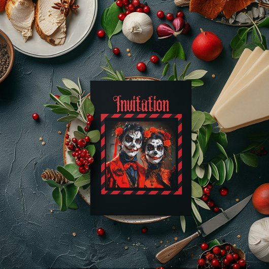 Rode en zwarte Caricatuur Dia de los Muertos koppe Kaart