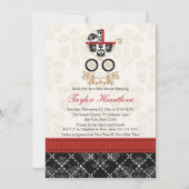 RODE EN ZWARTE DAMASK BABY CARRIAGE BABY SHOWER KAART (Voorkant)