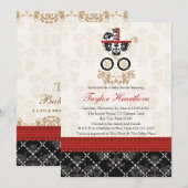 RODE EN ZWARTE DAMASK BABY CARRIAGE BABY SHOWER KAART (Voorkant / Achterkant)