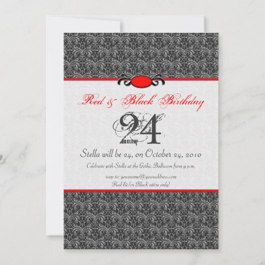 Rode en zwarte Damask Gothic Birthday Party Kaart (Achterkant)