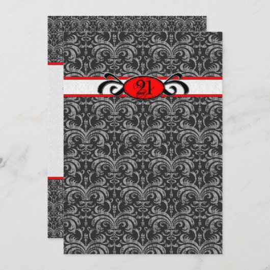 Rode en zwarte Damask Gothic Birthday Party Kaart (Voorkant / Achterkant)