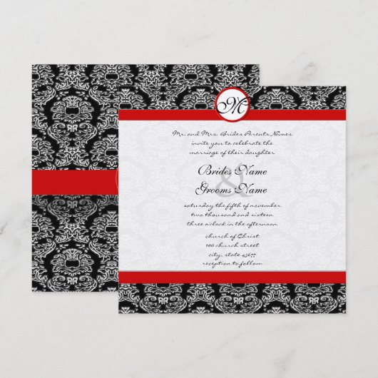 Rode en zwarte Damask Swirls Wedding Uitnodiging (Voorkant / Achterkant)