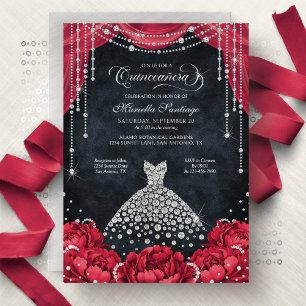 Rode en Zwarte Diamanten Bloemige Quinceanera Kaart