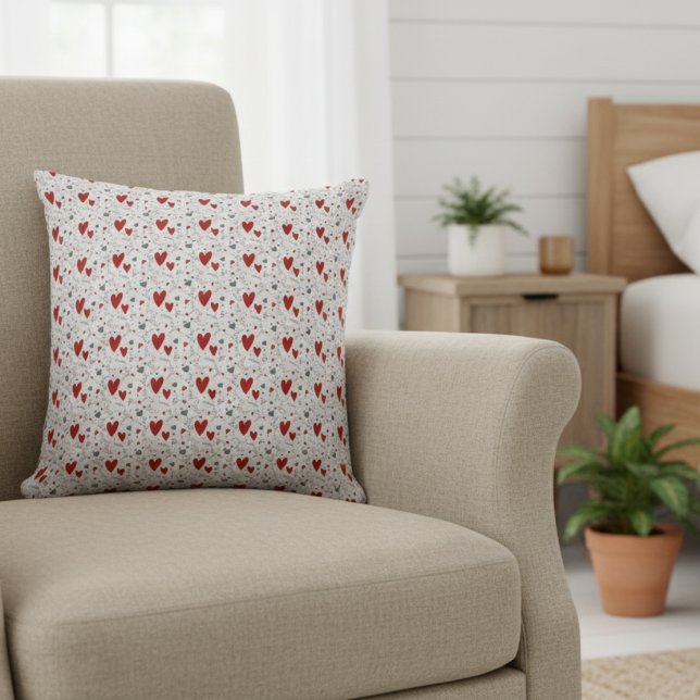 Rode en Zwarte Doodle Harten Liefde  Kussen (cute red and black hearts doodles accent pillow for her valentines theme bedroom decor)