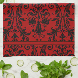 Rode en zwarte Floral Swirls Damask Monogram Theedoek