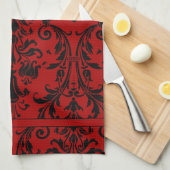 Rode en zwarte Floral Swirls Damask Monogram Theedoek (Quarter Fold)